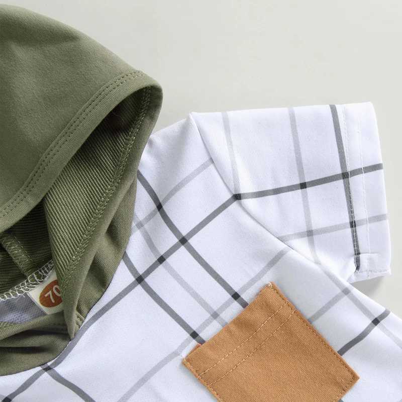 Clothing Sets 2023-03-10 Lioraitiin 0-3Years Toddler Boys 2Pcs Summer Outfits Short Sleeve Plaid Print Hoodie Tie Front Solid Shorts Set