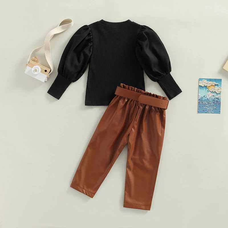 Clothing Sets 2022-06-13 Lioraitiin 0-6Years Toddler Girls T-shirt Trousers Fashion Ribbed Puff Long Sleeve Tops PU Leather Long Pants Belt