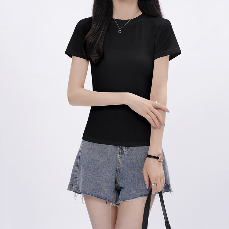 Black shoulder neck short sleeved T-shirt for women in summer, basic style, versatile round neck, slim fit and slimming, spicy girl top