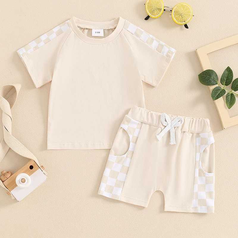 Clothing Sets 2024-04-03 Lioraitiin Baby Boys Summer Outfits Checkerboard Patchwork Short Sleeves T-Shirt and Elastic Shorts Set Clothes Set