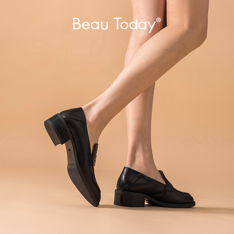 Penny BeauToday Loafers Women Genuine Cow Leather Square Toe Slip-On Style Mid Heel Office Lady Casual Shoes Handmade 21608 4f4d
