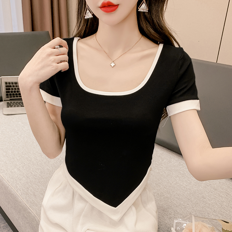 2024 summer T-shirt irregular sexy exposed belly button short sleeved slim fit top for women