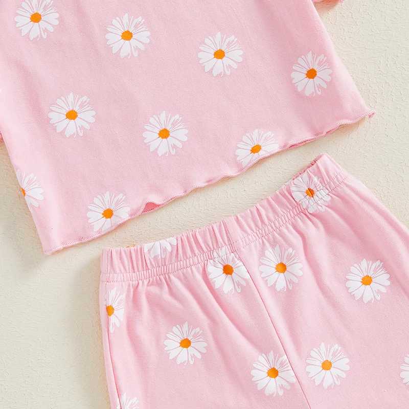 Clothing Sets 2024-06-01 Lioraitiin Little Girl Summer Outfit Daisy Print Short Sleeve Round Neck T-Shirt with Elastic Waist Loose Pants Set