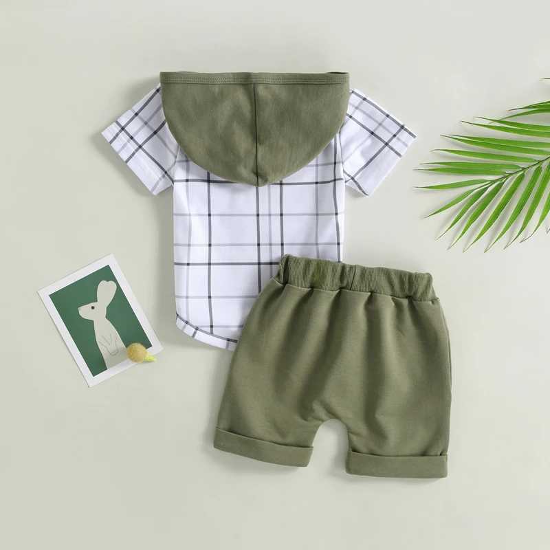 Clothing Sets 2023-03-10 Lioraitiin 0-3Years Toddler Boys 2Pcs Summer Outfits Short Sleeve Plaid Print Hoodie Tie Front Solid Shorts Set