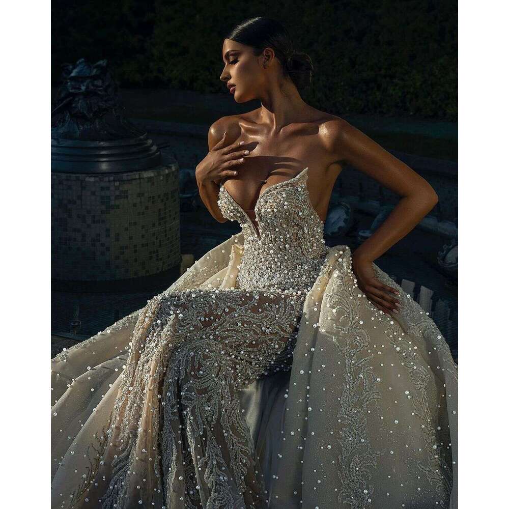 Wedding Dresses Sexy Sweetheart Full Beads Appliques Lace Mermaid Bridal Gowns Custom Made Detachable Train Backless Robe