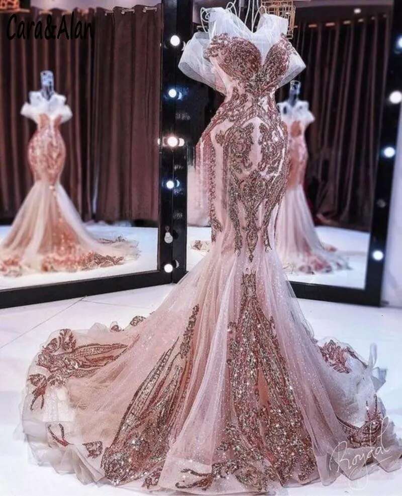 New rose gold mermaid evening dresses long sparkly sequin applique beaded fishtail prom gown