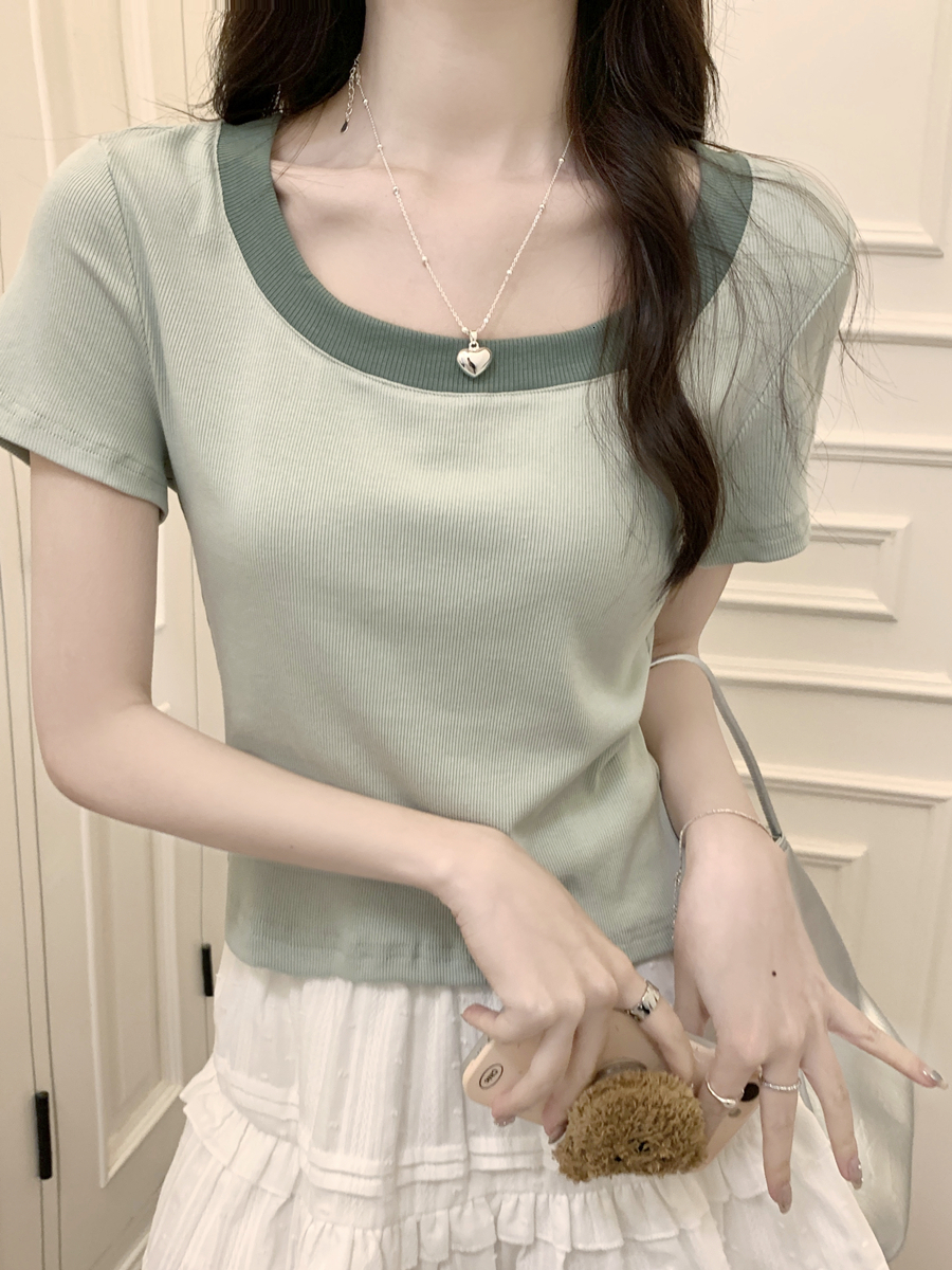 Contrast color U-neck shoulder sleeved T-shirt for women's 2024 summer new commuting Korean style versatile small short top