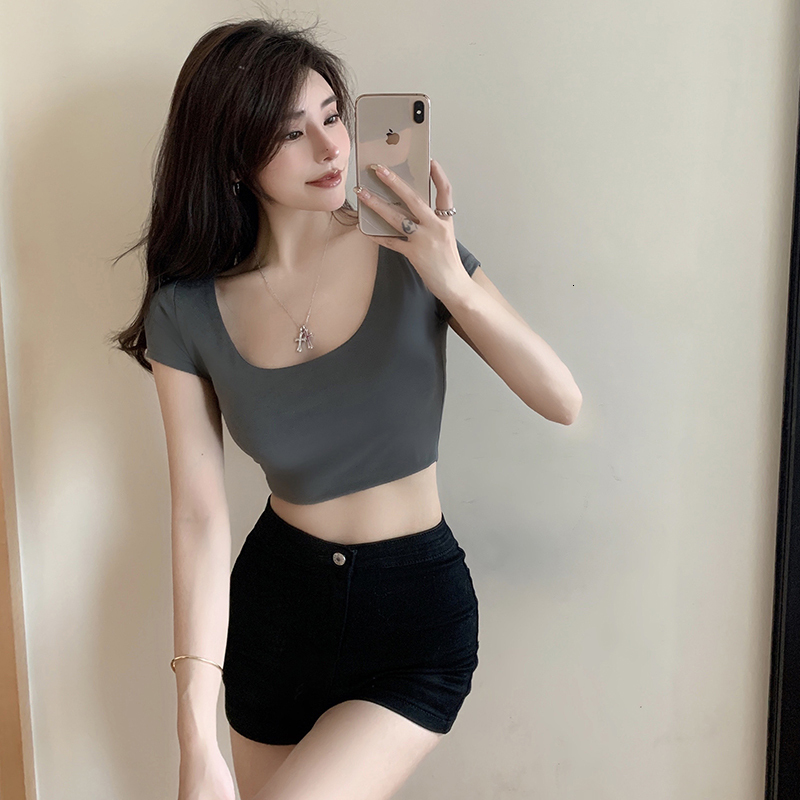 Pure desire spicy girl square neck sleeved women's short style exposed navel sexy tight fitting T-shirt slim fit with U-neck top inside