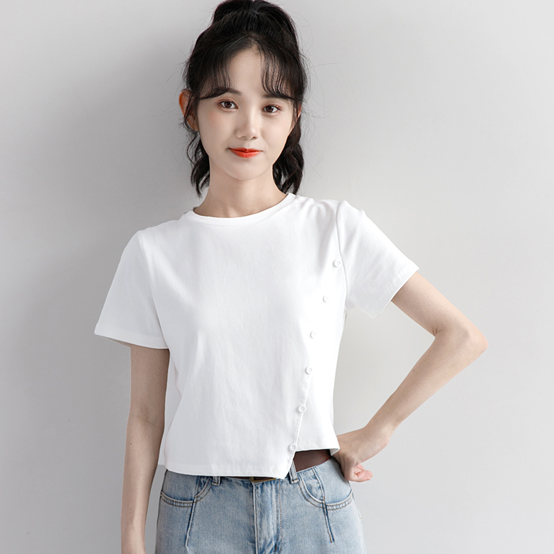 Short irregular short sleeved T-shirt for women's 2024 summer collection, slim fit waist design, niche and stylish top