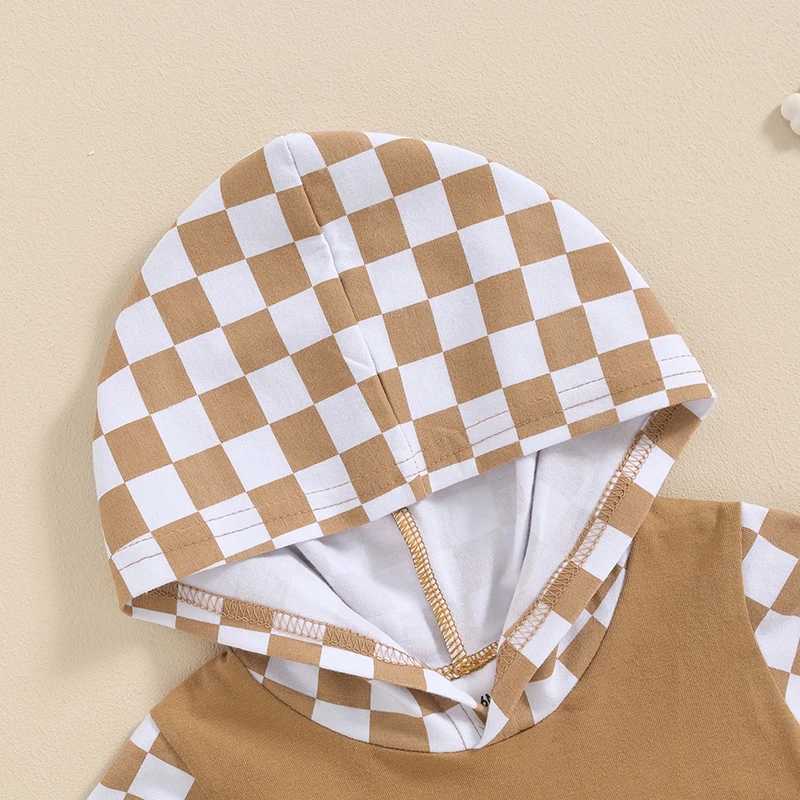Clothing Sets 2024-03-06 Lioraitiin Toddler Boys Summer Clothes Set Short Sleeve Letter Checkerboard Print Hooded Tops+Drstring Short Set