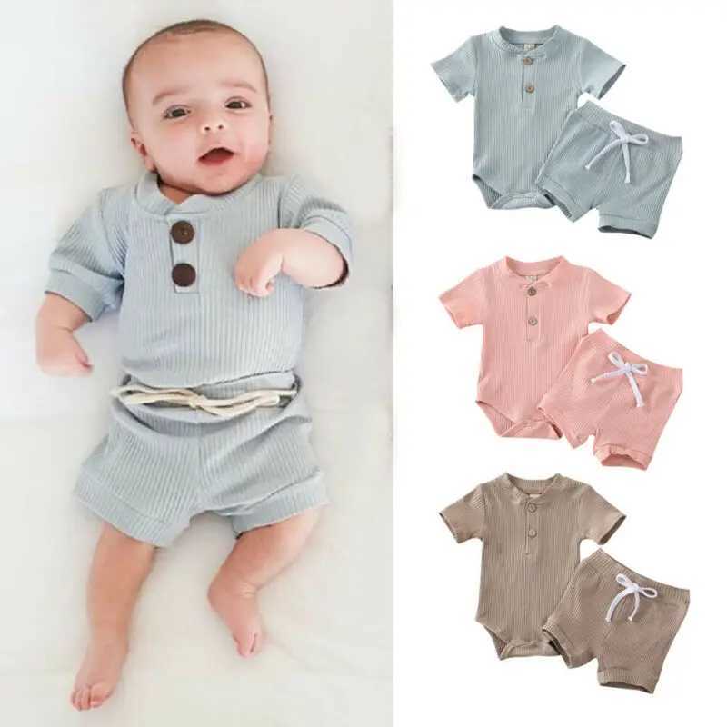 Clothing Sets Pydcoco US Stock 0-24M 2PCS 3 Colors Kid Baby Boy Girl Clothes Set Knitting Short Sleeve Bodysuit Shorts Outfits Summer Set