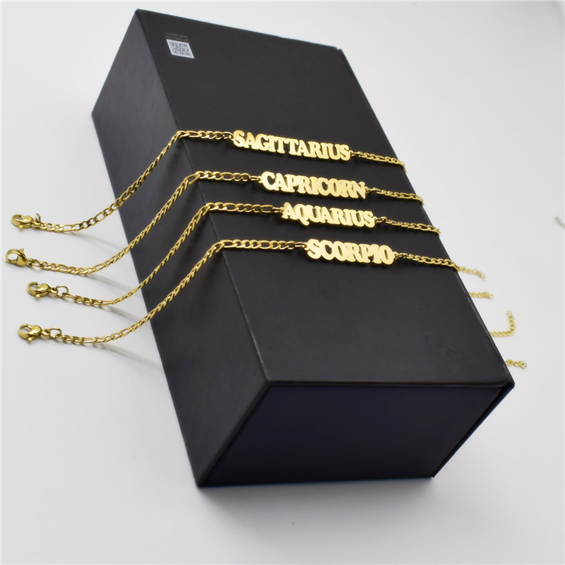 12 Zodiac Sign Anklet Chain Bracelet Gold Chain Stainless Steel English Initial Charm Foot Chain Cuff Women Girl Summer Fashion Jewelry