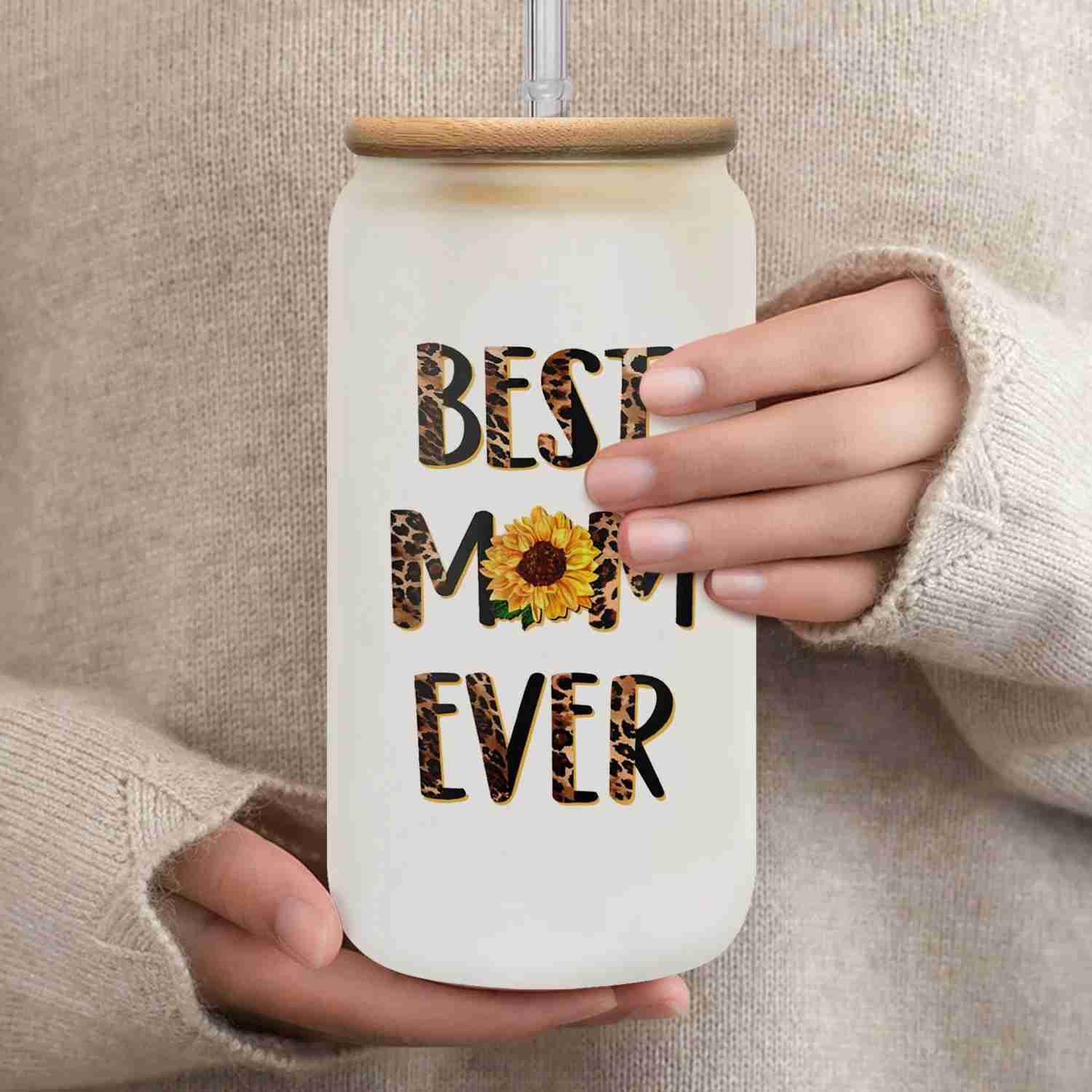 Best Mom Ever Glass Cups 16oz Glass Coffee Cups With Bamboo Lids And Straw Mother Water CupsSummer Winter Drinkware.CL240715