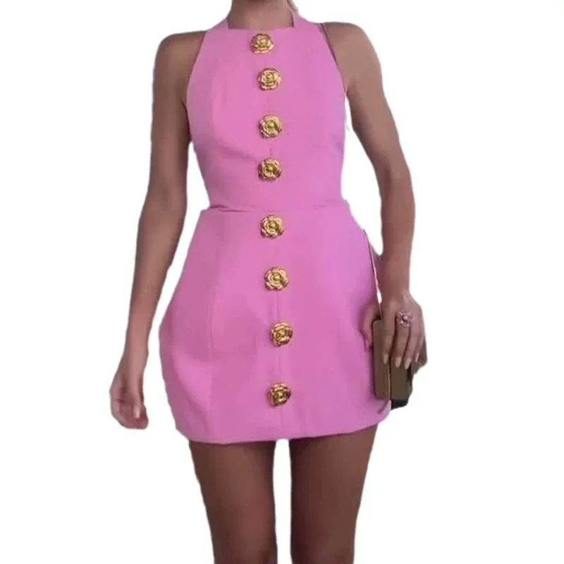 Sexy Flower Button Womens Short Dress 2024 Summer Hanging Neck Solid Color Waist Wrapped Hip Dress Fashion Slim Fit Mini Dress 240708