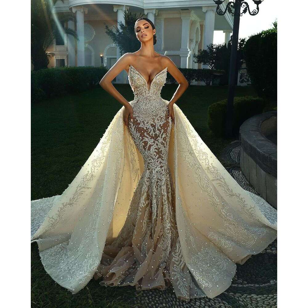 Wedding Dresses Sexy Sweetheart Beads Appliques Lace Mermaid Bridal Gowns Custom Made Detachable Train Backless Robe