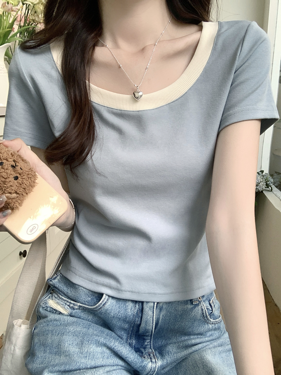 Contrast color U-neck shoulder sleeved T-shirt for women's 2024 summer new commuting Korean style versatile small short top