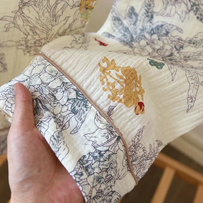 100% Cotton Gauze Women Pajamas Sleepwear Female 2 Piece Set Ink Painting Printing Nightwear Pyjamas Home Clothes Loungewear 240713