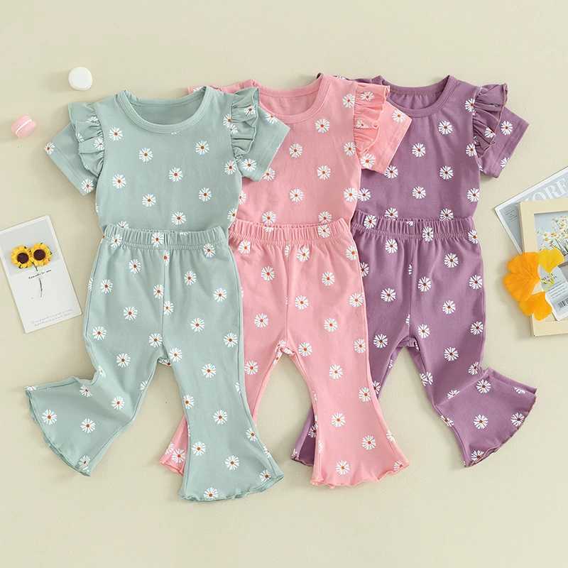 Clothing Sets 2024-01-23 Lioraitiin 1-5Y Toddler Baby Girl 2Pcs Summer Outfits Ruffle Short Sleeve Floral Print Tops + Pants Set Clothes