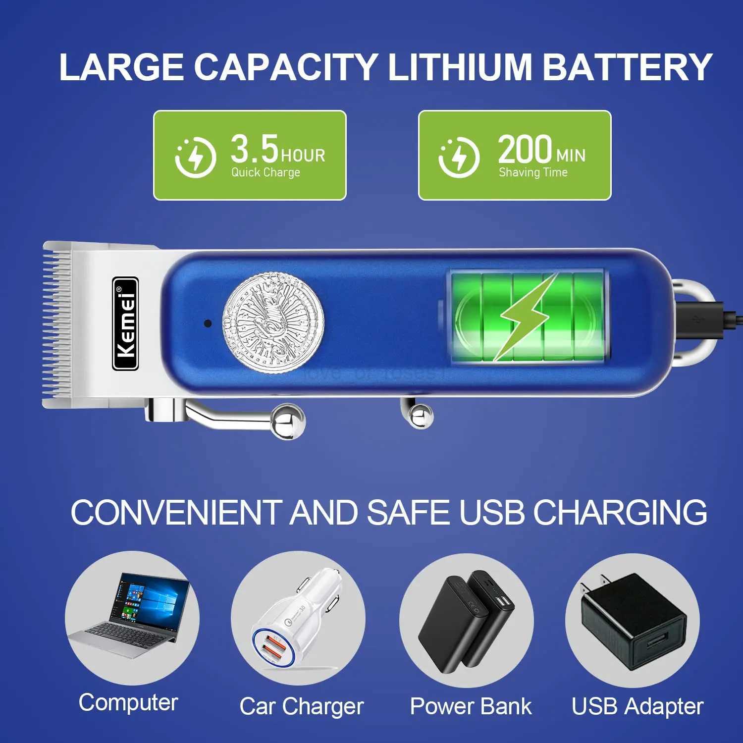 Kemei Km-1895 Usb Charging Large Capacity Battery Clipper Cutter The Tool Head Is Adjustable Digital Display Hair TrimmerM240715