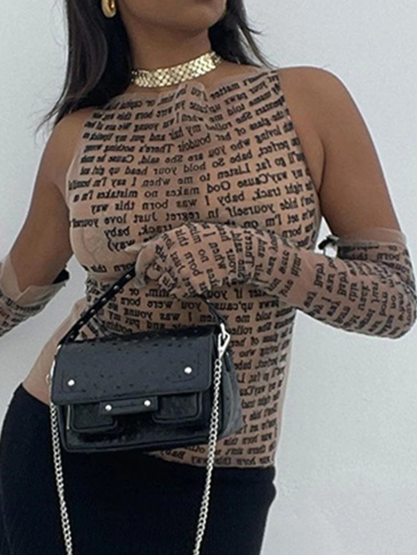 Sexy see through letter print crop top summer y2k top women clothes long sleeve tees cropped tops camisas tshirt womans clothing 240710