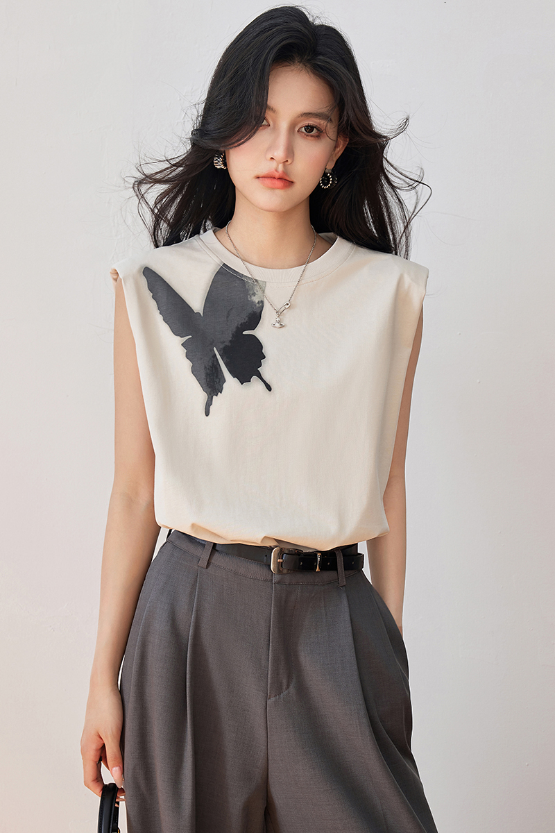 Butterfly silhouette printed pure cotton T-shirt vest women's top 2024 summer new half skirt