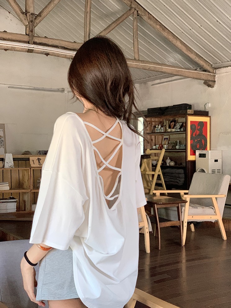 Sexy backless short T-shirt for women with a niche design, loose fit, oversized off shoulder sleeves, half sleeved top