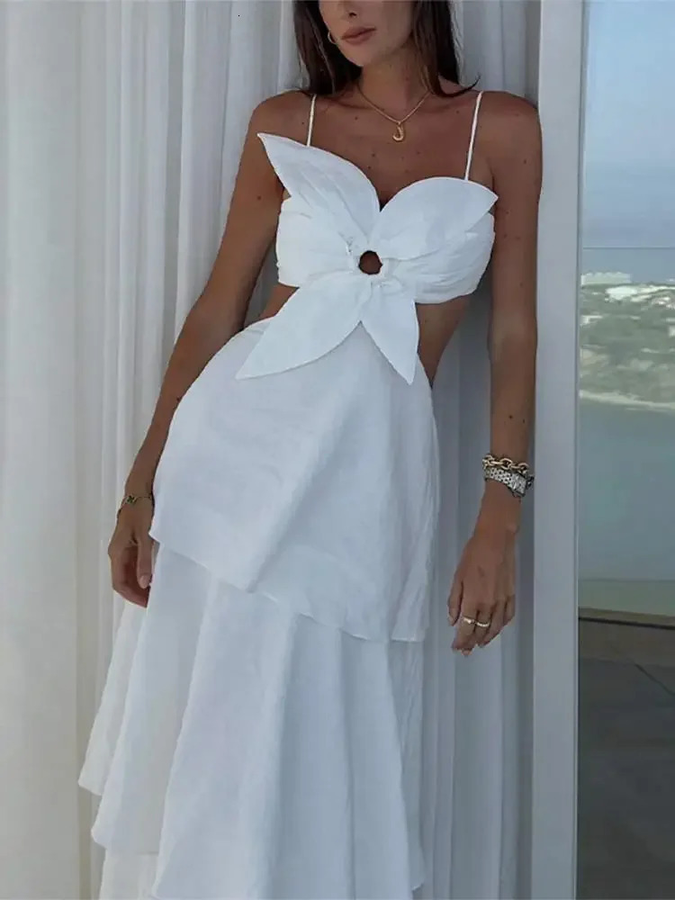 2024 Woman Flower Hollow Out Ruffle Dress Elegant Sleeveless Backless High Waist Long Dresses Fashion Summer Lady Beach Robe 240708