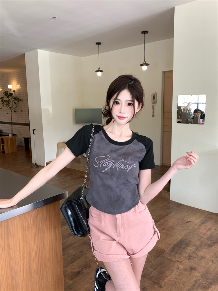 #Large size fat mm tie dye shoulder T-shirt sleeved women's summer short cut irregular cover belly slimming top