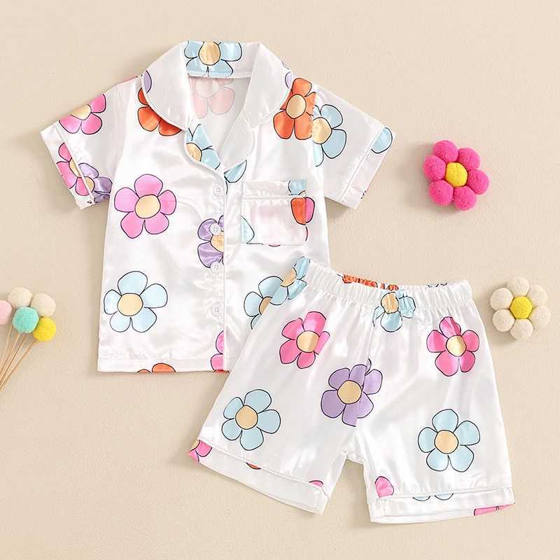 Clothing Sets 2024-04-18 Lioraitiin Little Girls Floral Print Pajama Set Short Sleeve Lapel Neck Single Breasted Tops Elastic Waist Shorts