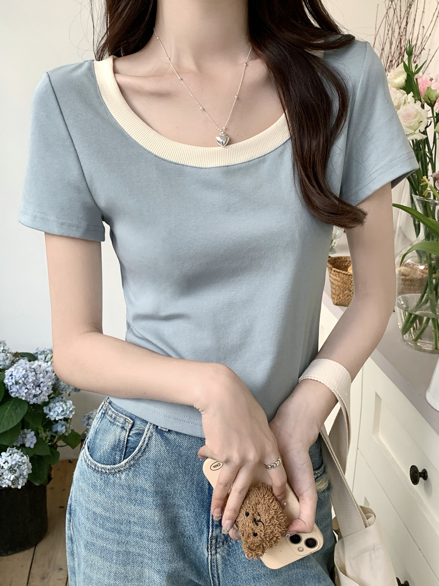 Contrast color U-neck shoulder sleeved T-shirt for women's 2024 summer new commuting Korean style versatile small short top