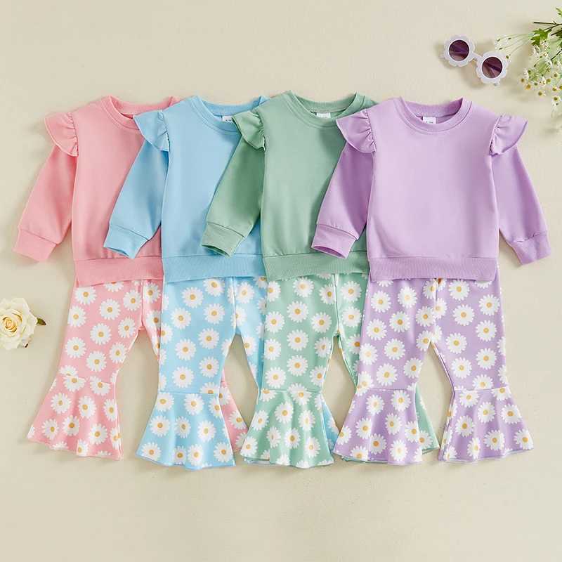 Clothing Sets 2024-05-29 Lioraitiin Little Girls 2PCS Fall Outfits Flying Sleeve Solid Color Pullover Tops Floral Flared Pants Sets