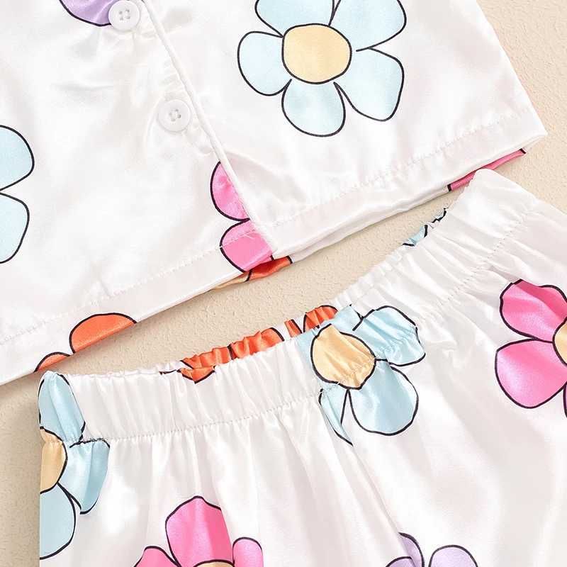 Clothing Sets 2024-04-18 Lioraitiin Little Girls Floral Print Pajama Set Short Sleeve Lapel Neck Single Breasted Tops Elastic Waist Shorts