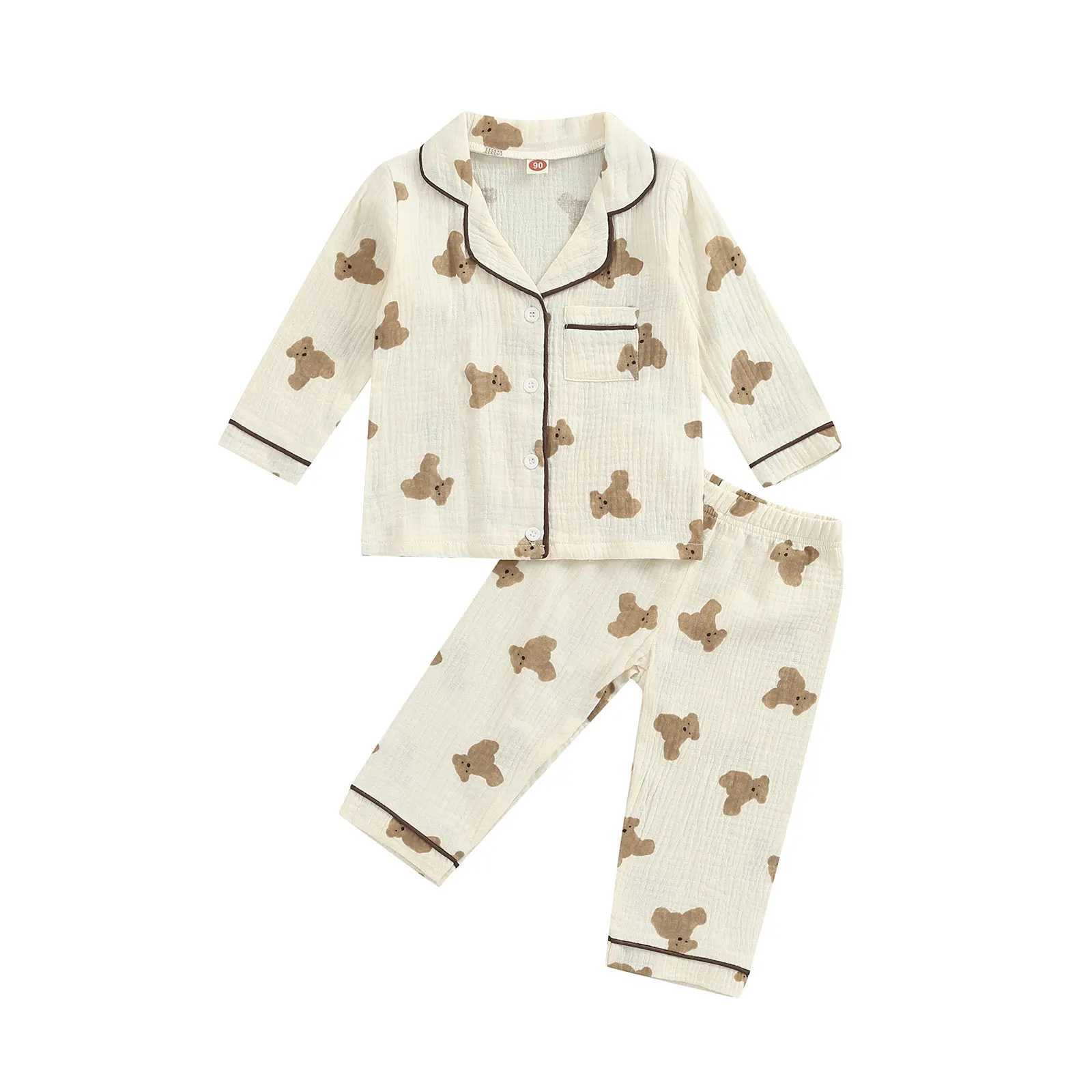 Clothing Sets 2022-07-06 Lioraitiin 0-6Years Kids Unisex Casual Pajama Suit Bear Printed Long Sleeve Front Pocket Lapel Tops Printed Long Pant