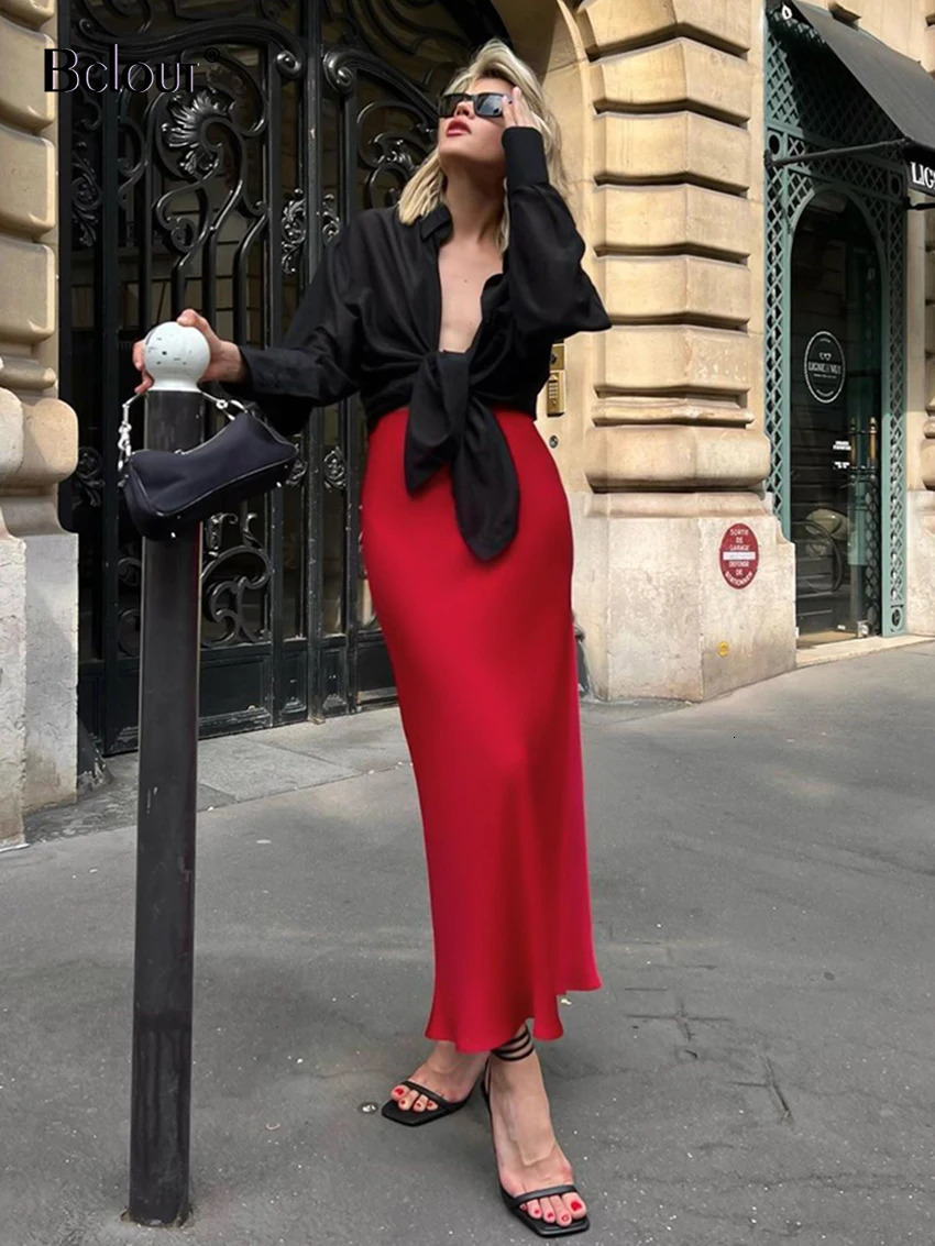 Bclout Fashion Satin Red Skirts Women 2024 Elegant Solid High Waist Office Lady Skirts Vintage Thin Party Slim Long Skirts Sexy 240715