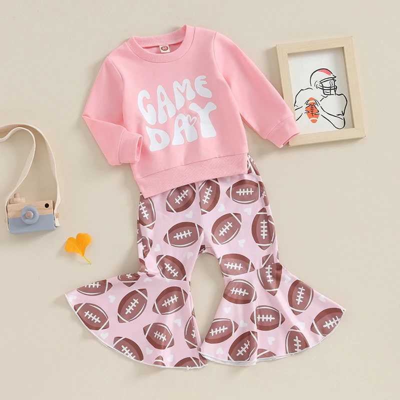 Clothing Sets 2023-08-17 Lioraitiin 6M-4Y Toddler Baby Girls Rugby Clothing Outfits Letter Round Neck Sweatshirt and Flared Pants Kids Set