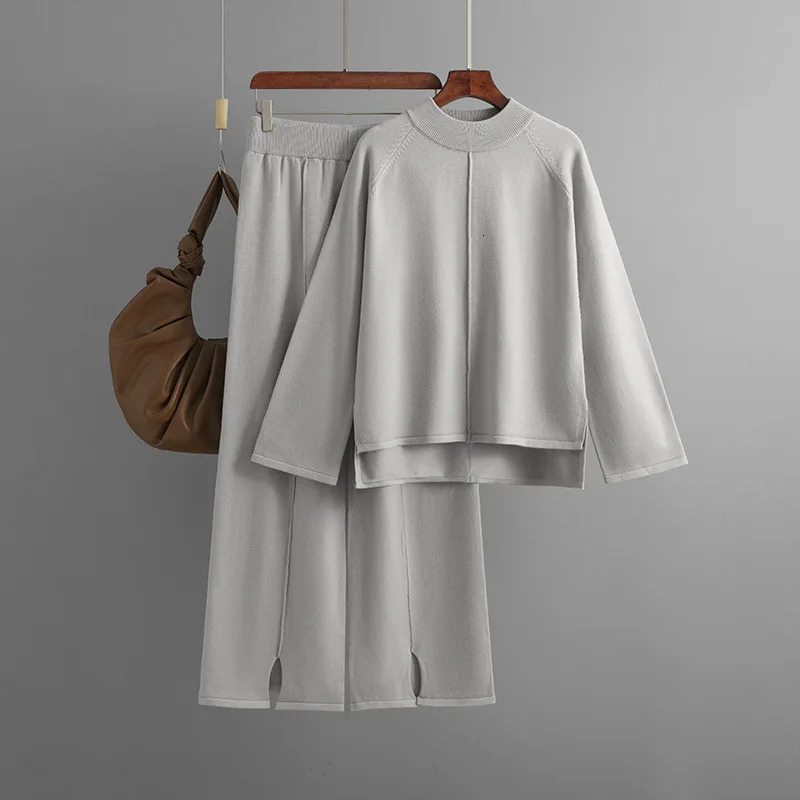 HLBCBG 2 Pieces Set Women Knitted Tracksuit Turtleneck Sweater Loose Slit Pants Pullover CHIC Outwear 240712