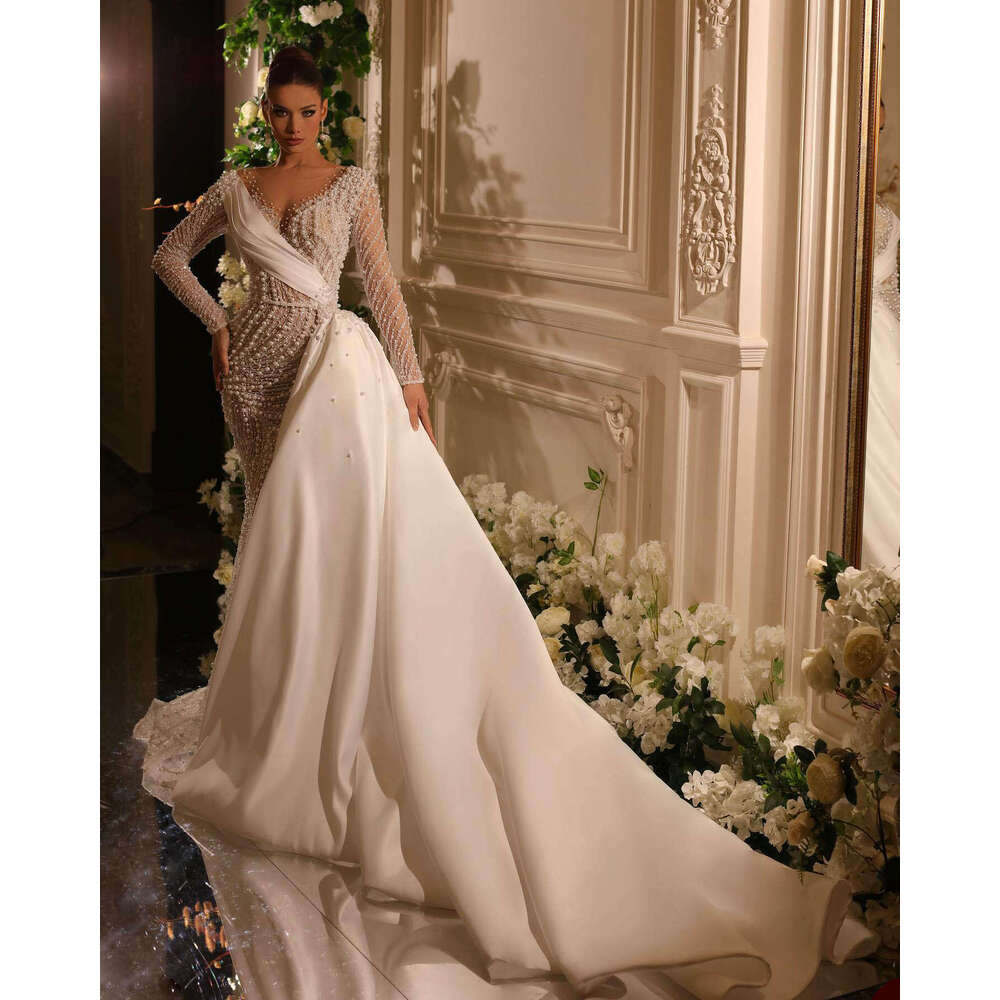 Spring Beading Mermaid special Dresses Appliques Lace Robe De Mariee Custom Made Long Sleeves Detachable Train Bridal Gowns