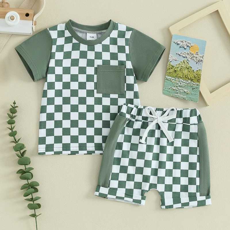 Clothing Sets 2023-12-28 Lioraitiin 0-3Y Toddler Baby Boys Summer Outfits Checkerboard Short Sleeve T-Shirts Tops and Elastic Waist Shorts Set