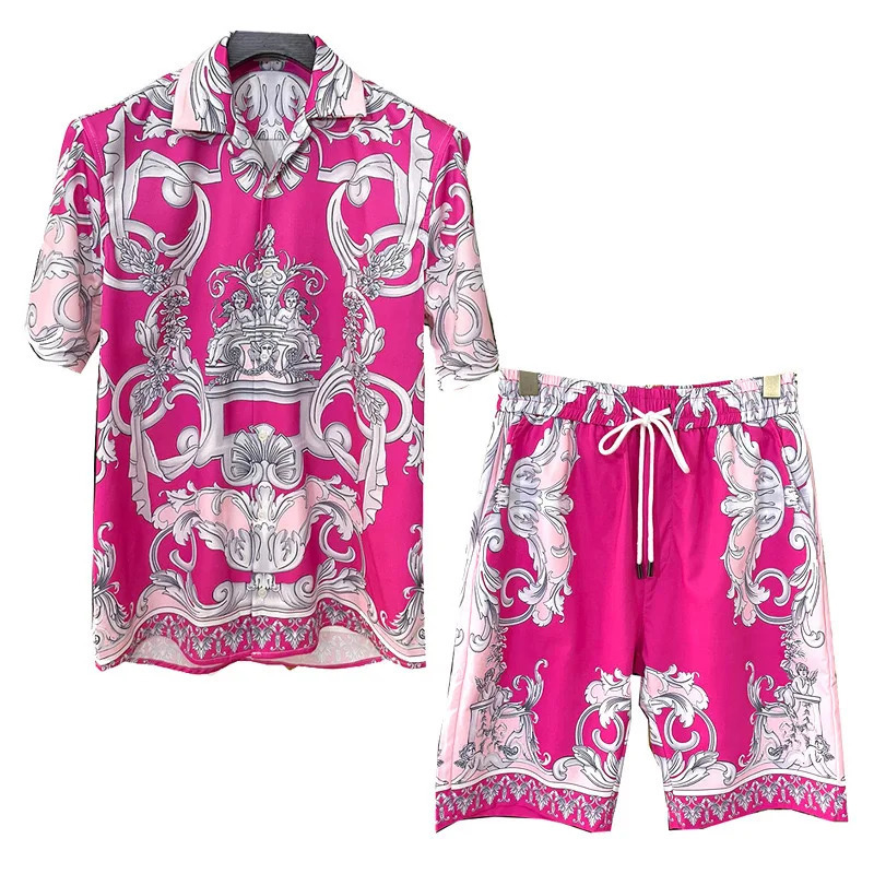 Hawaiian Style Shirt Suit Mens Summer Vacation Casual ShortSleeved Shorts Seaside Beach Flower 3D Print Sportswear 240708