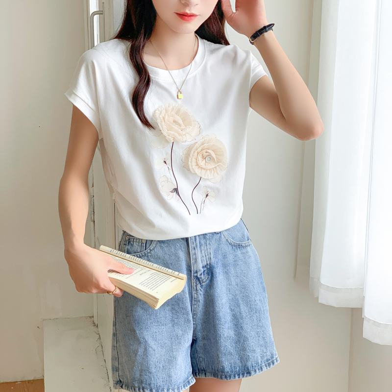 2024 summer new round neck pure cotton pullover T-shirt with loose flowers and short sleeves, stylish anti-aging top for women