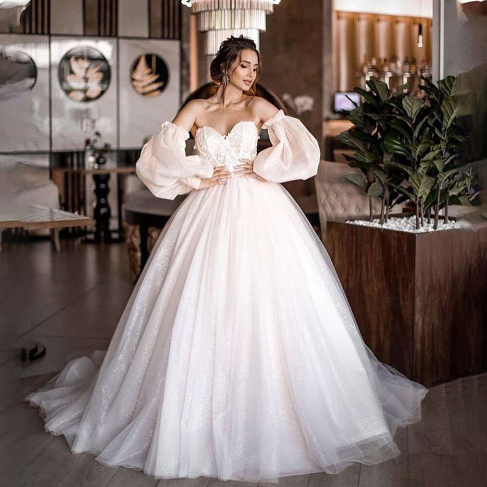 New Ball Gowns Detachable Puff Sleeves Glitter Wedding Dress Appliques Off Shoulder Tulle Boho Bridal Gown