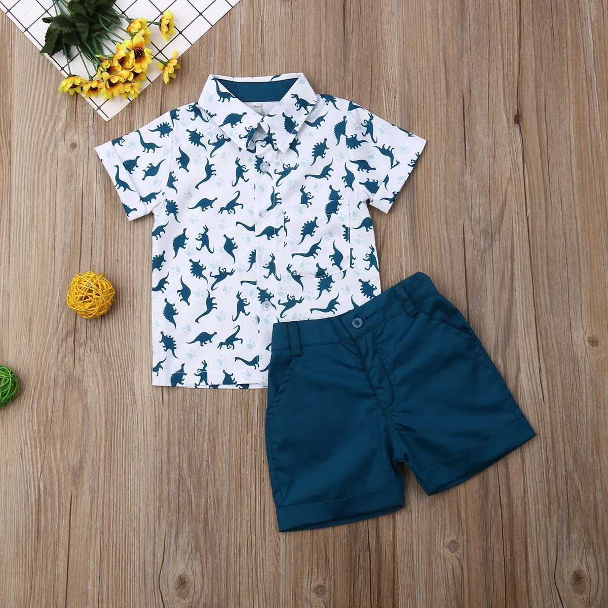 Clothing Sets Summer Children Clothes Set Infant Cartoon Dinosaur Print Short Sleeve Shirt + Solid Color Shorts Kid Toddler Boys Outfit