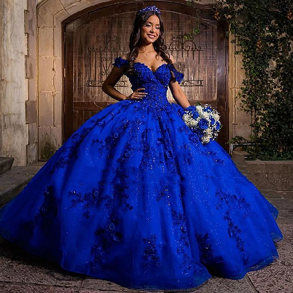 Off Shoulder Blue Quinceanera Dresses With Lace Appliques 3D Floral Ball Gown Princess Birthday Prom Gown Sweet 16 Dress