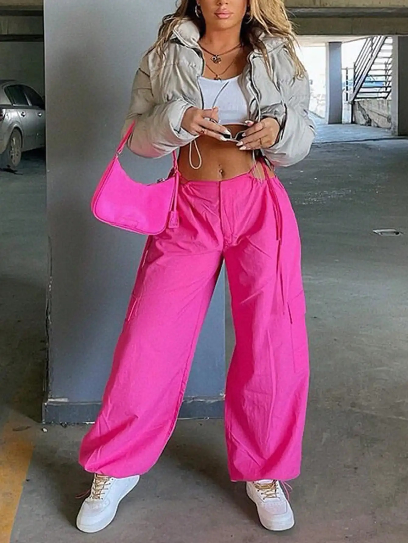 Y2K Street Vibes Women Fashion Pink Flap Pocket Side Cut Out Waist Drawstring Hem Wide Leg Hip Hop Cargo Parachute Pants Mujer 240715