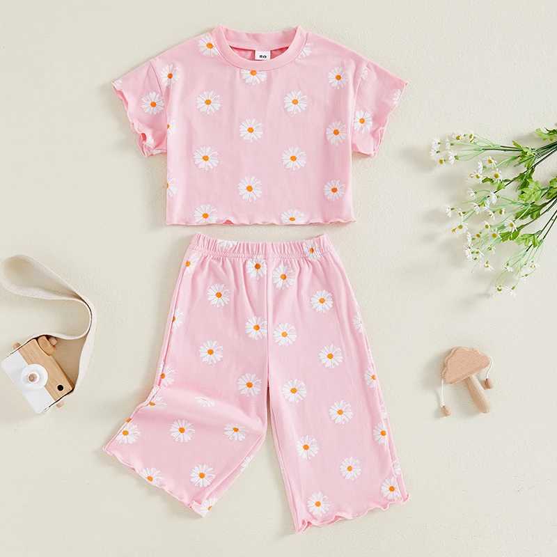 Clothing Sets 2024-06-01 Lioraitiin Little Girl Summer Outfit Daisy Print Short Sleeve Round Neck T-Shirt with Elastic Waist Loose Pants Set