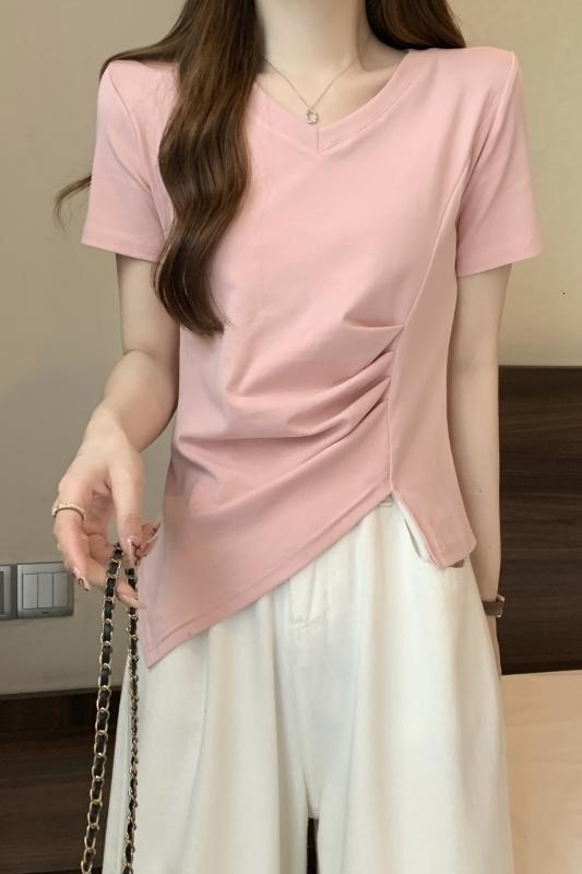 Large size shoulder new style internet famous European goods irregular fold waist collection short sleeved popular pink t-shirt slim fit top for women