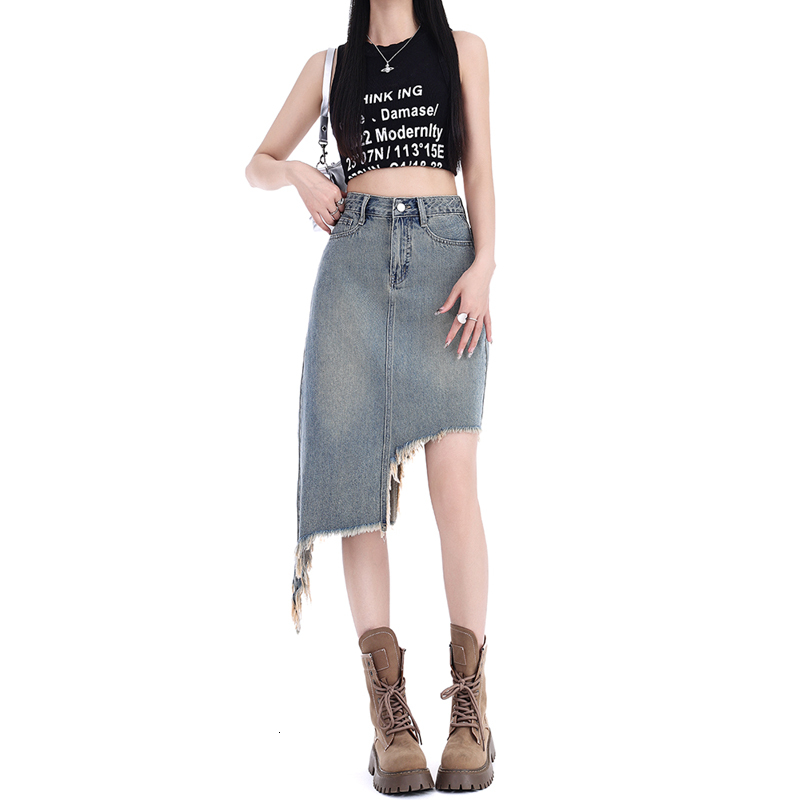 Designer's new summer women's irregular personality denim sexy short skirt tassel A-line mid length skirt casual hip-hop skirt