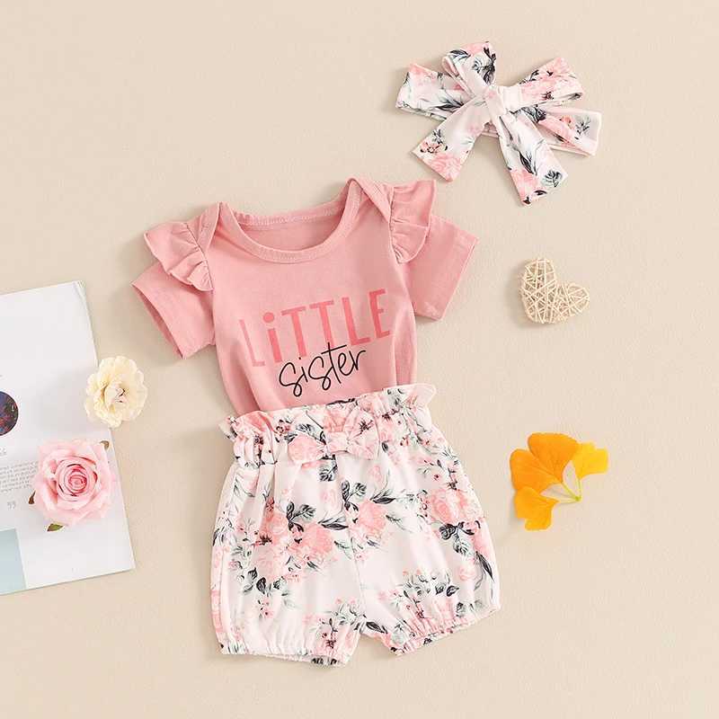 Clothing Sets 2024-03-28 Lioraitiin 0-18M Baby Girls Summer Shorts Sets Pink Letter Print Romper Floral Lantern Shorts Headband Sets