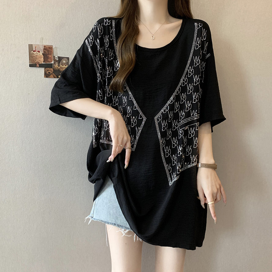 2024 Summer New Round Neck Hot Diamond Dropped Shoulder Sleeves Versatile T-shirt Women's Large Loose Casual Hoodie Top