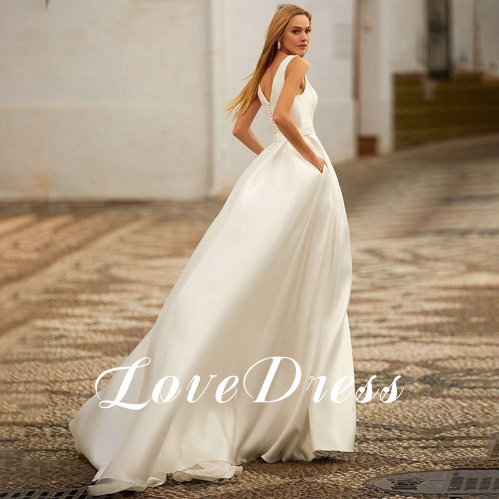 LoveDress Deep V-Neck Sleeveless Wedding Dress For Women Pleats A-e Simple Button Bride Gowns Satin Train Vestido de novia